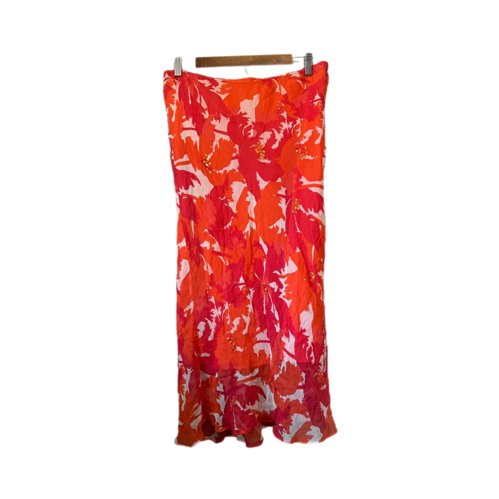 ICE Silk Maxi Skirt Womens XL Red Orange Floral Beaded Excellent Tropical Flowy